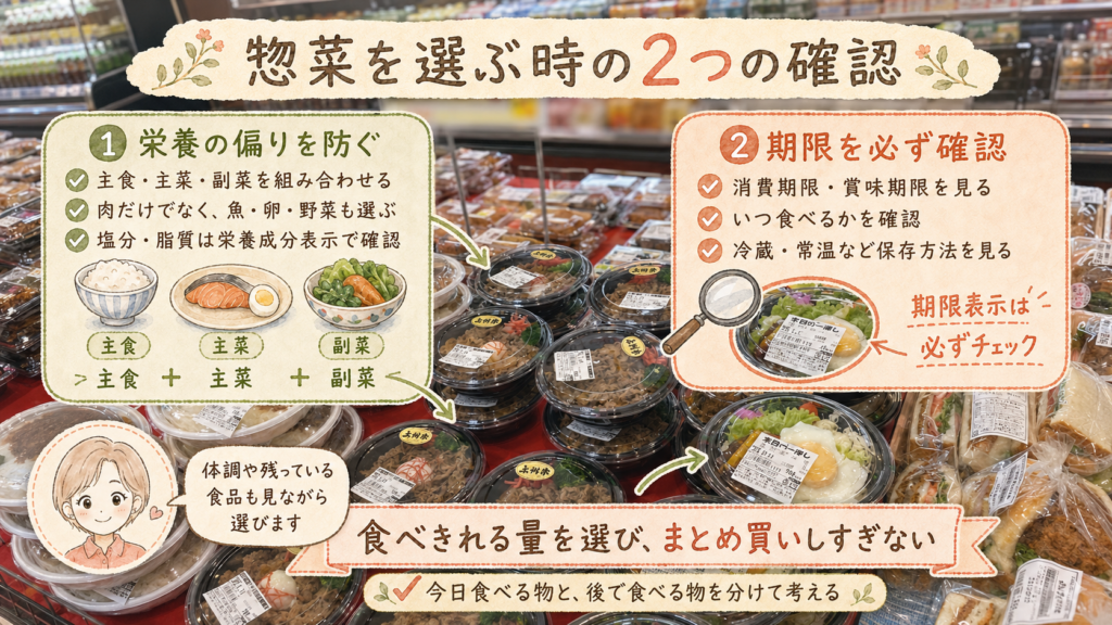 惣菜売り場の写真に惣菜の栄養と期限のチェックの注意をいれた画像