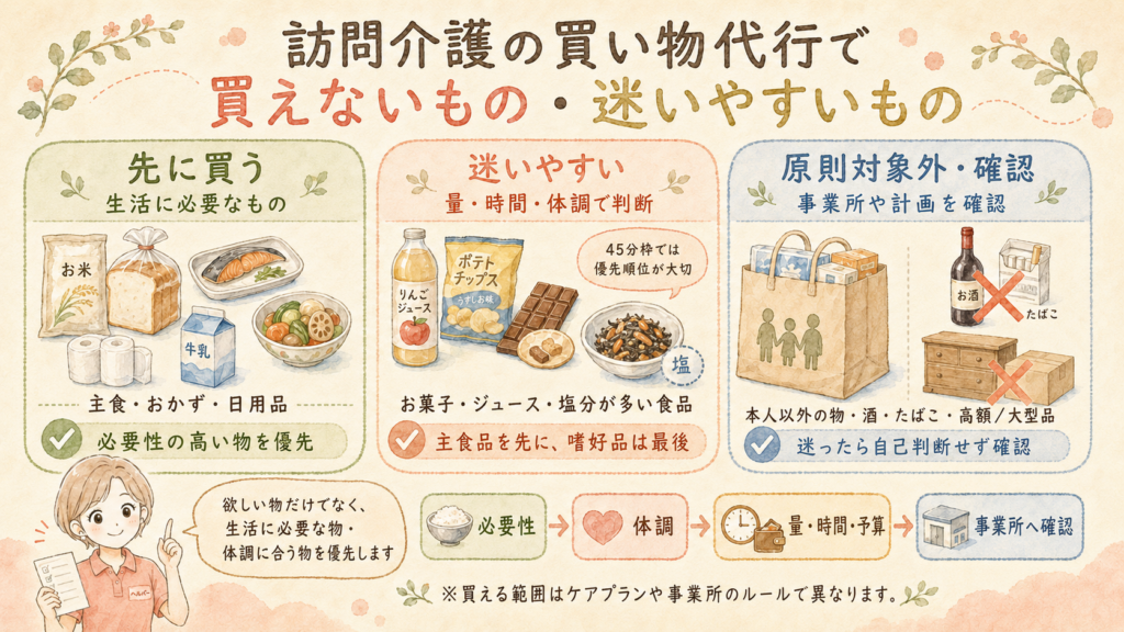 訪問介護の買い物分類ガイド。買えないもの・迷いやすいもの