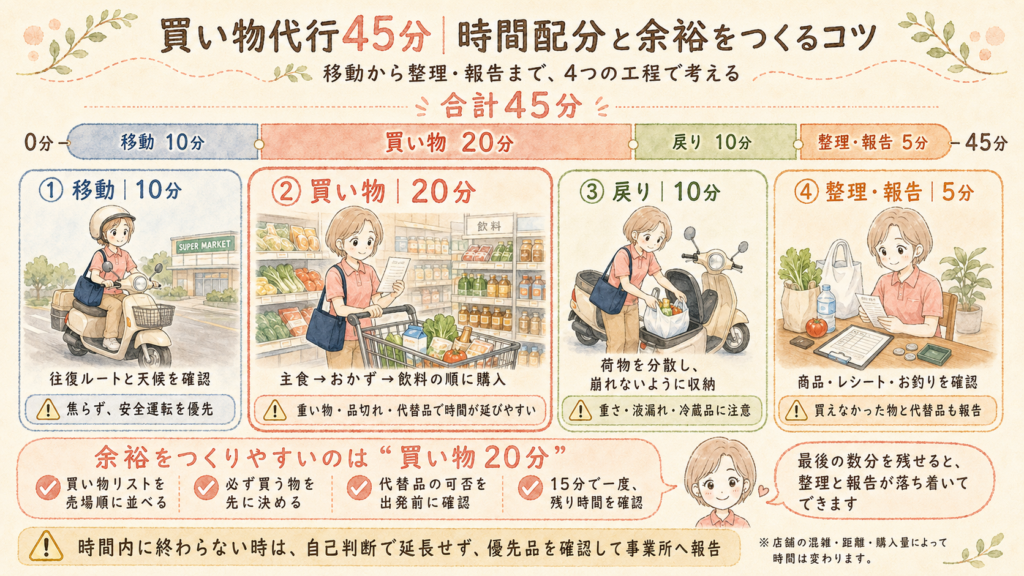 買い物代行45分の時間配分の内訳のイラスト